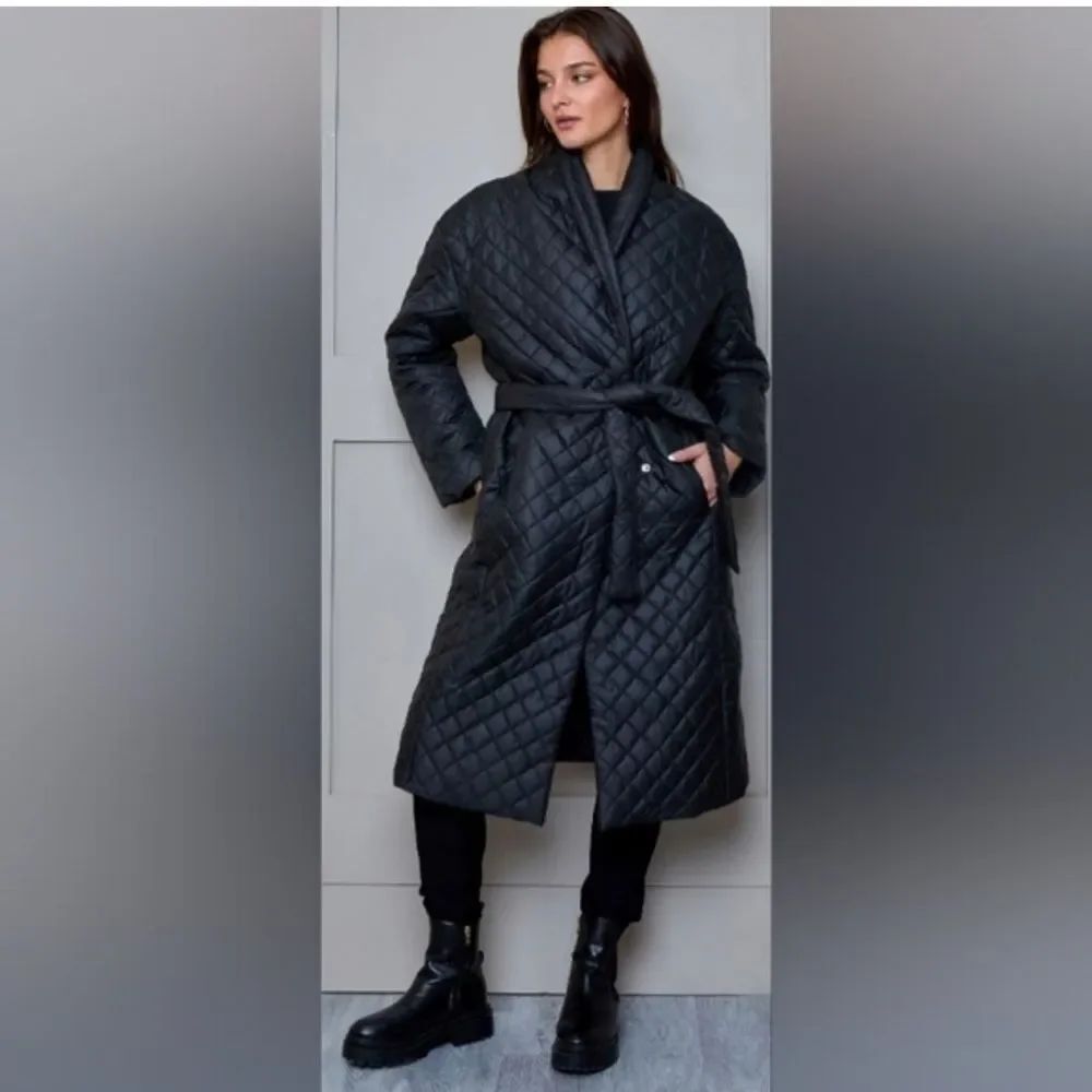 NEW EE By Etcetera Women's Black Belted Quilted Puffer Trench Coat Jacket Size M